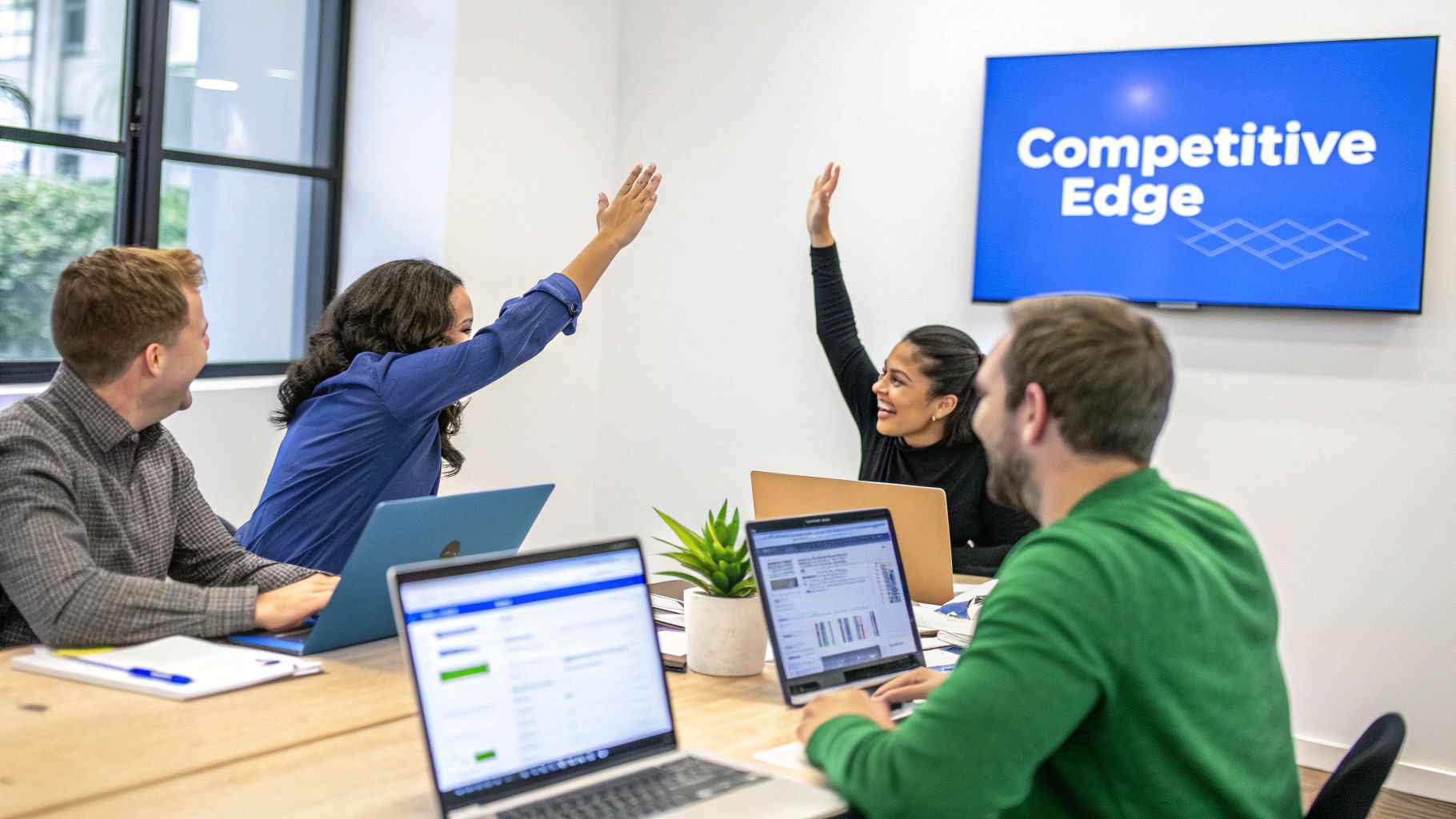 Four colleagues high-fiving in a modern meeting room with laptops and a 'Competitive Edge' screen.