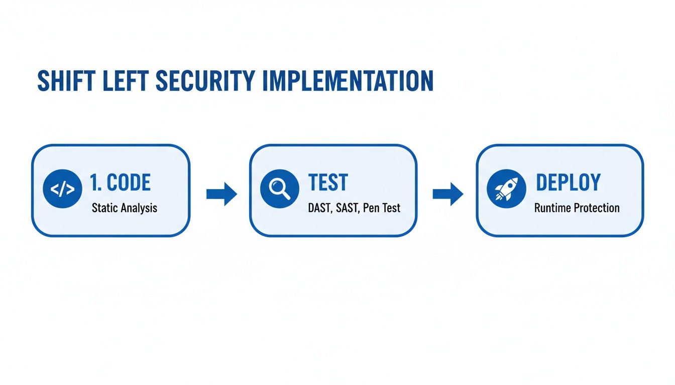 Flowchart showing Shift Left Security Implementation stages: Code (Static Analysis), Test (DAST, SAST, Pen Test), and Deploy (Runtime Protection).