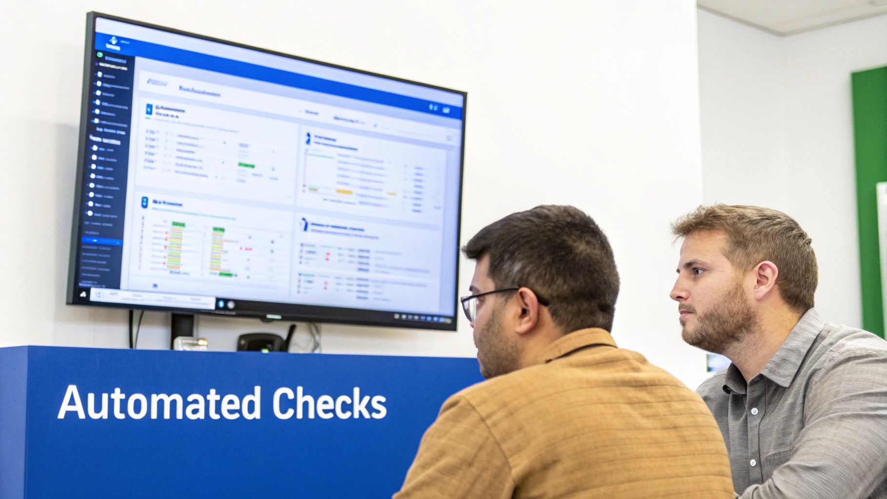 Two men intently viewing a large screen displaying software metrics and automated checks.