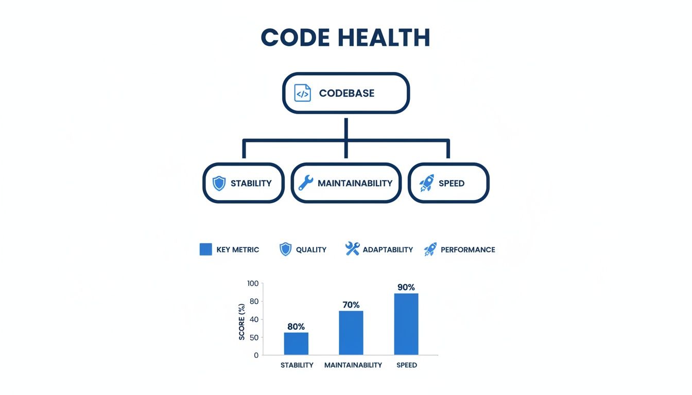 Diagram illustrating code health metrics: Stability, Maintainability, and Speed, with corresponding performance scores in a bar chart.