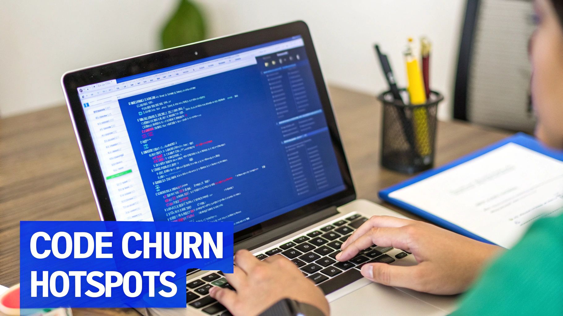 A person typing code on a laptop screen with the text 'CODE CHURN HOTSPOTS' overlaid.
