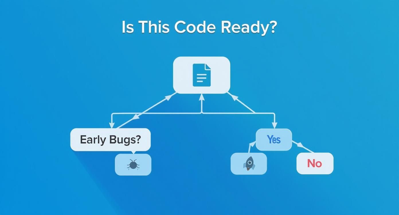 Flowchart asking 'Is This Code Ready?' showing paths for early bugs, deployment, and not ready.