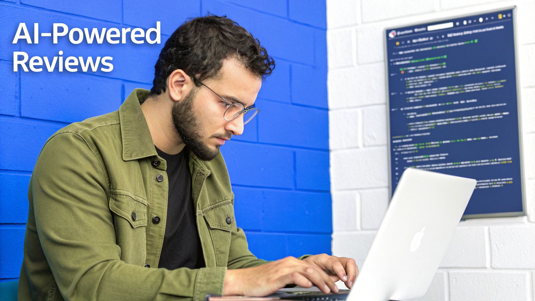 A focused man in glasses types on a silver laptop, with 'AI-Powered Reviews' text and a code screen in the background.