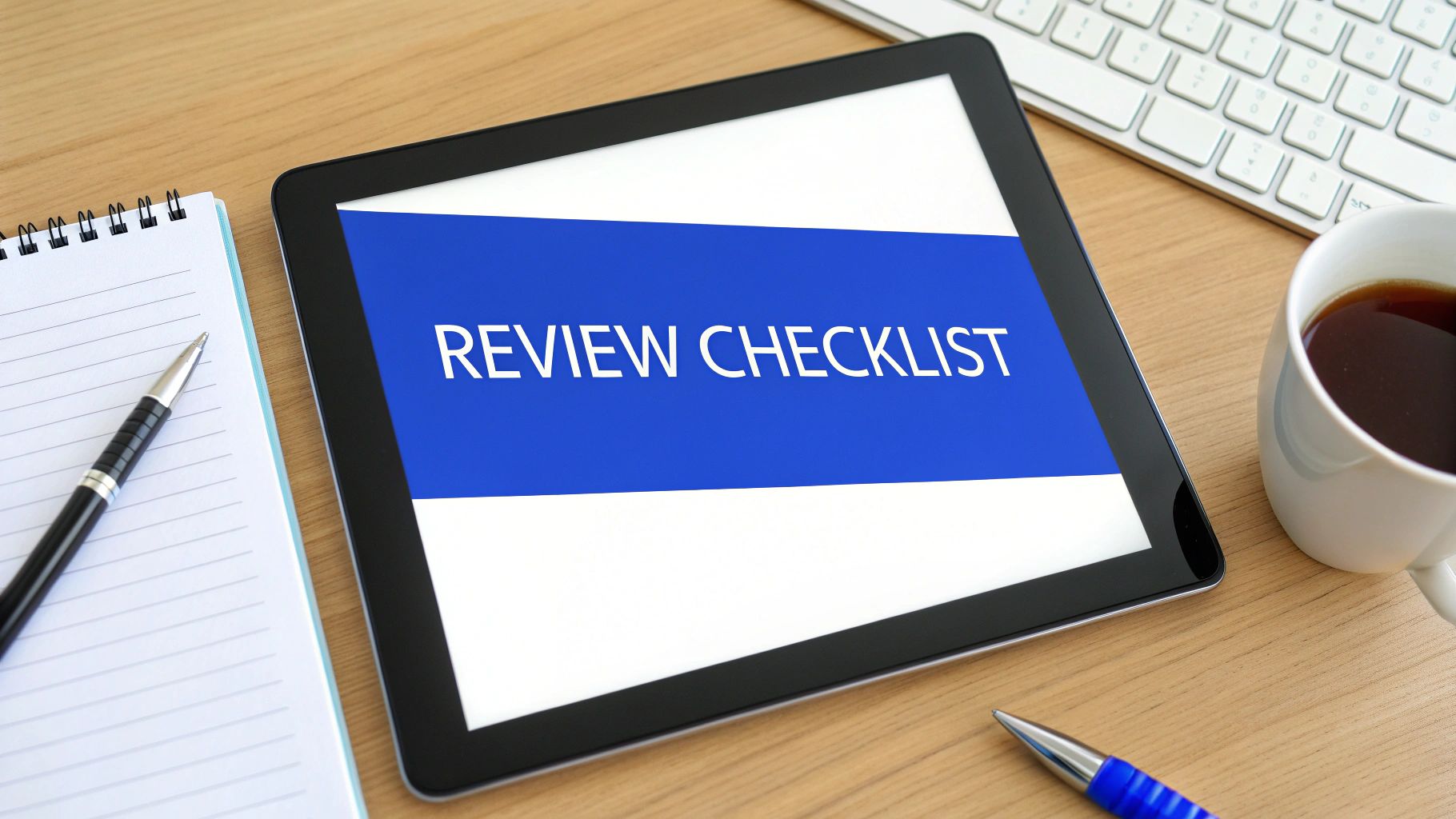 Tablet displaying 'REVIEW CHECKLIST' on a blue screen next to a notebook, pens, and coffee.