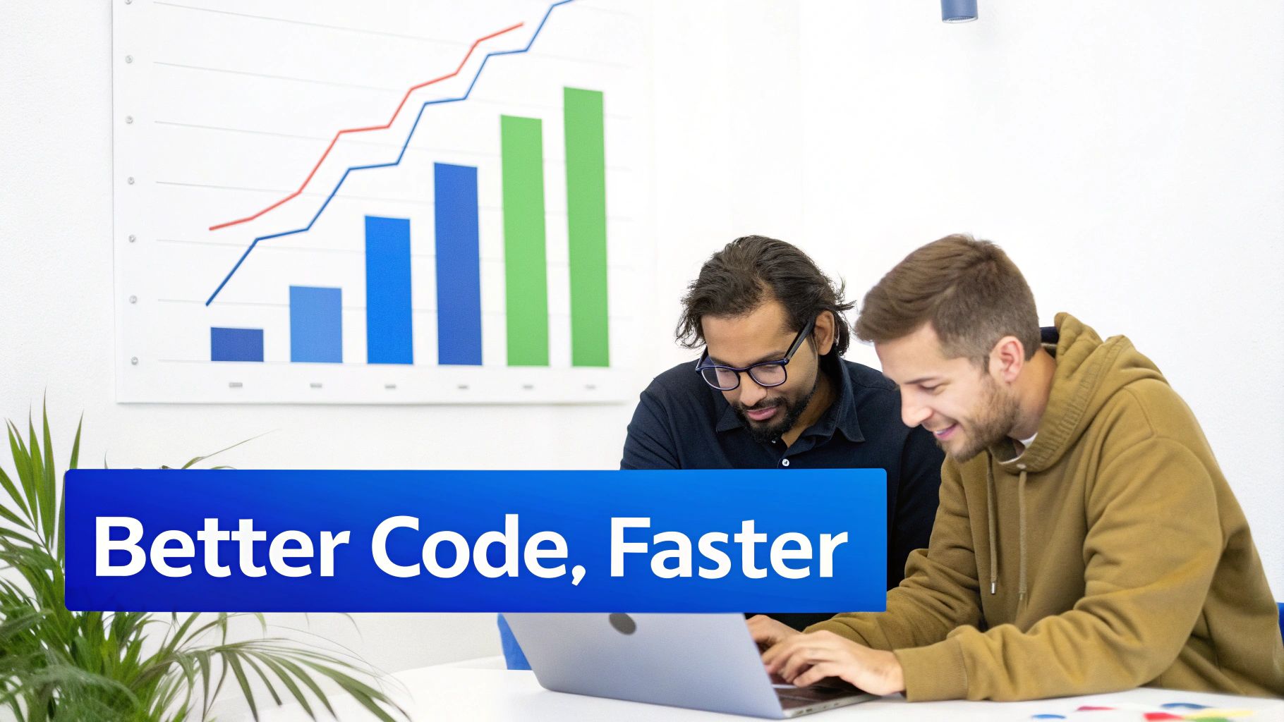 Two developers collaboratively working on a laptop in an office, with a 'Better Code, Faster' banner and graphs.