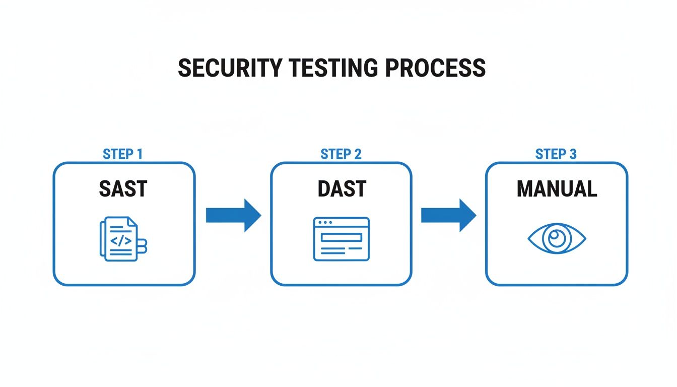 A diagram illustrating the security testing process, featuring steps like SAST, DAST, and manual review.
