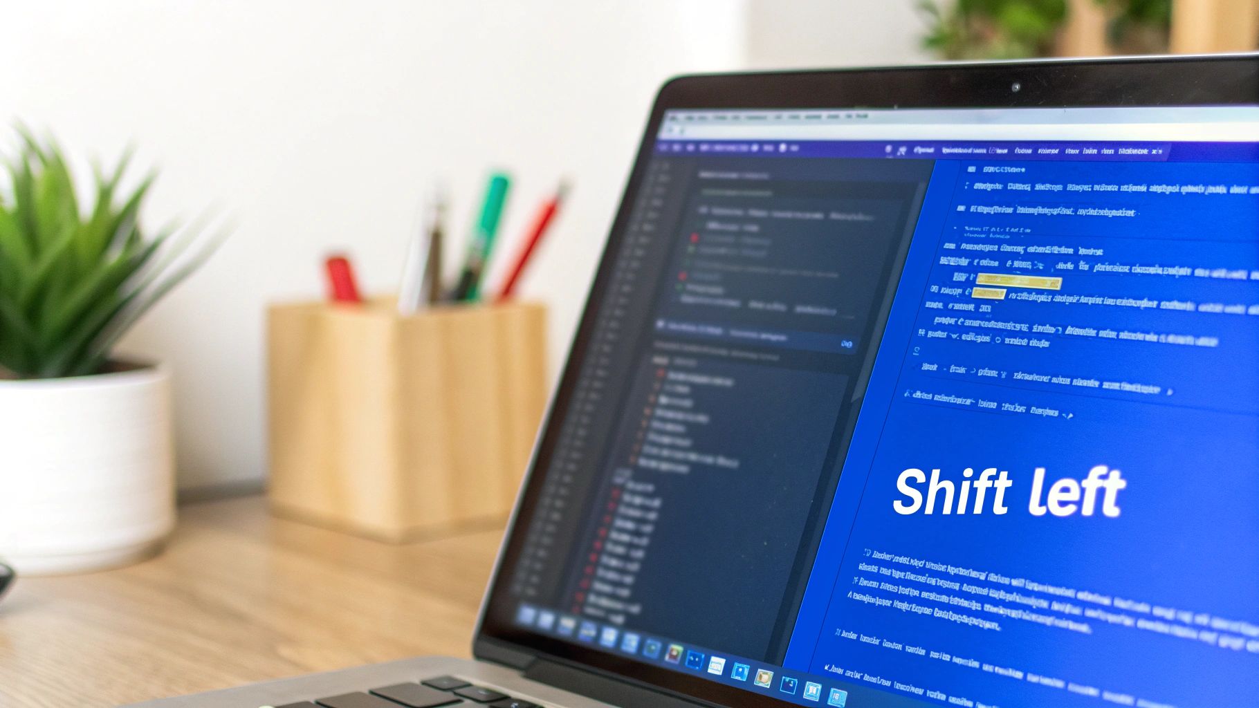 A laptop screen displaying code and the phrase 'Shift left' on a blue background in a modern workspace.