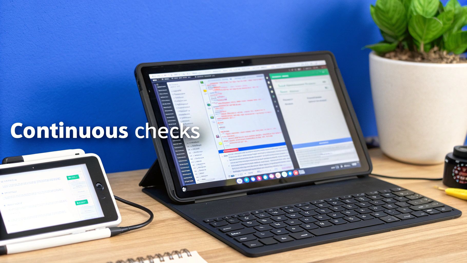 Tablets displaying code and user interfaces on a desk, used for continuous software testing and development.