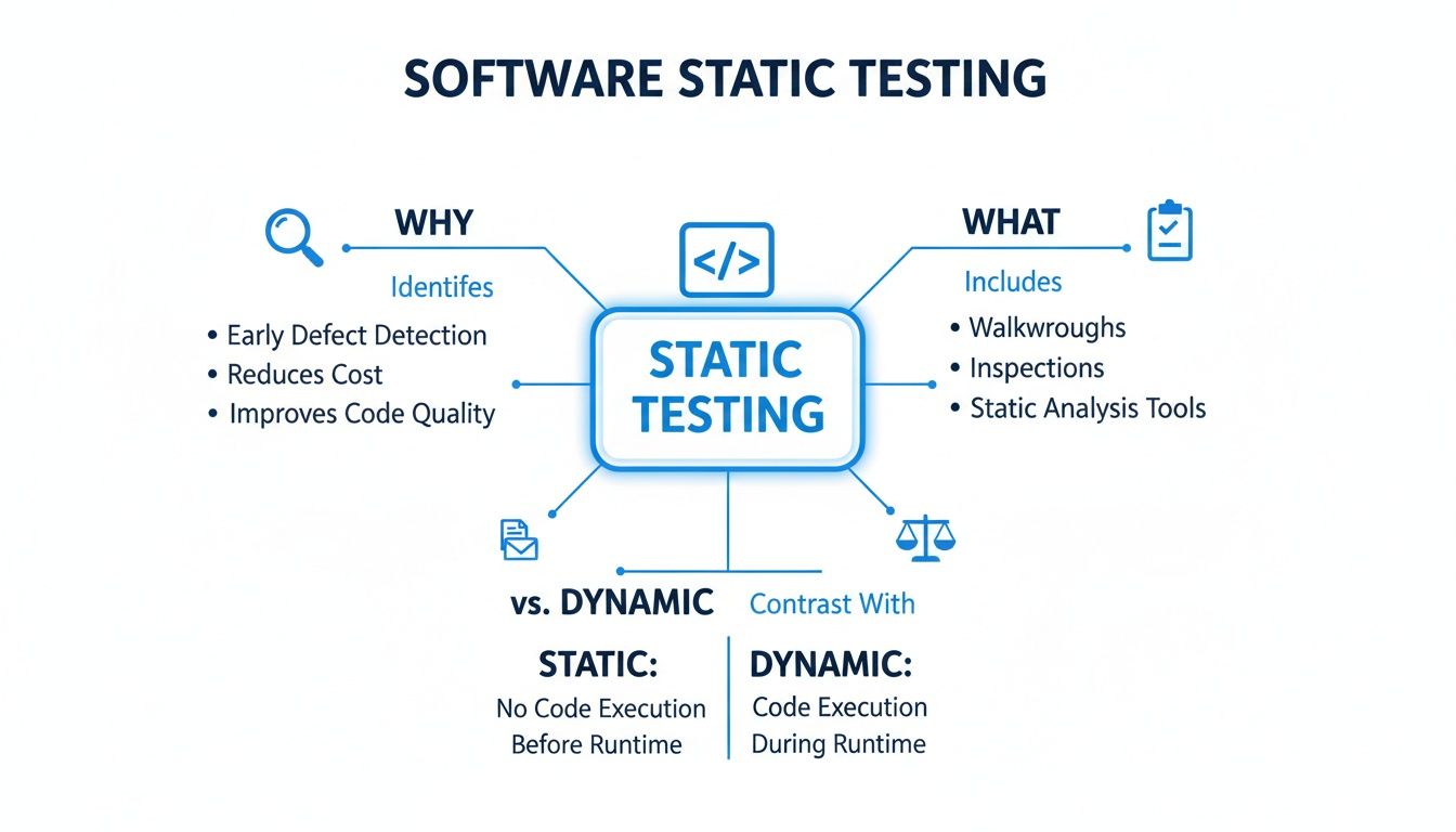 A diagram illustrating software static testing, its benefits, methods, and comparison with dynamic testing.