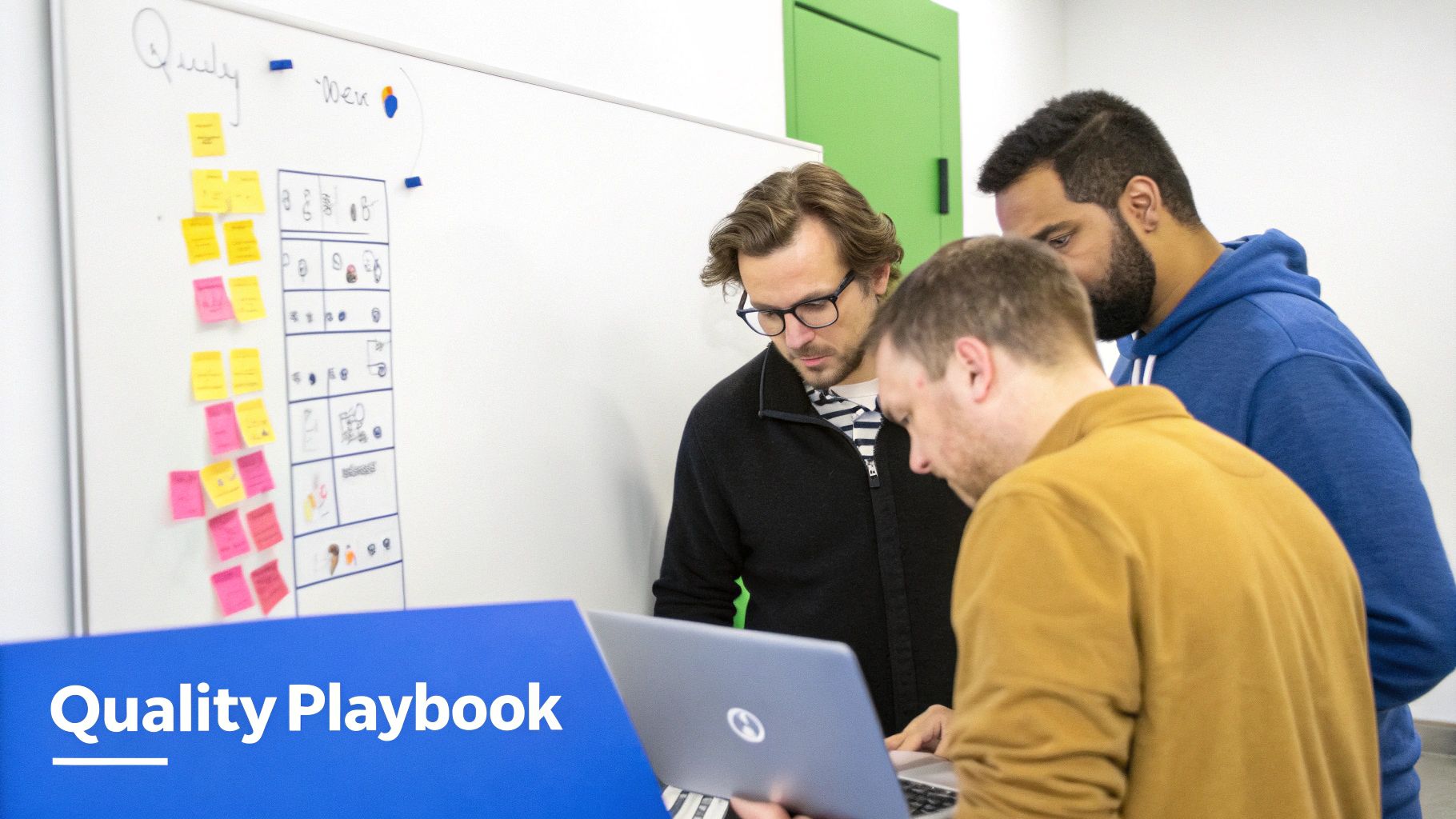 Three men collaborate on a project, reviewing a laptop and a whiteboard with notes and diagrams.