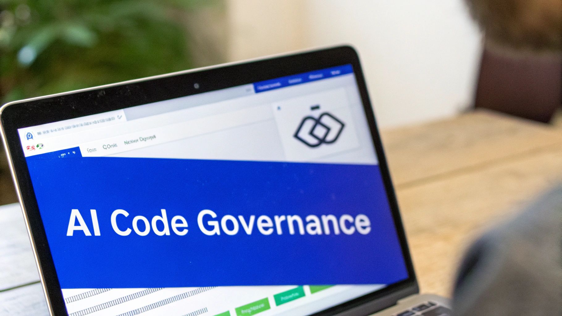 A developer collaborating with an AI assistant, with glowing lines of code connecting them, representing governance and verification.