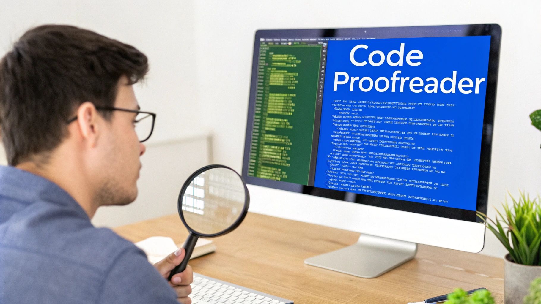 Software developer reviewing code with magnifying glass on computer screen displaying code proofreader interface