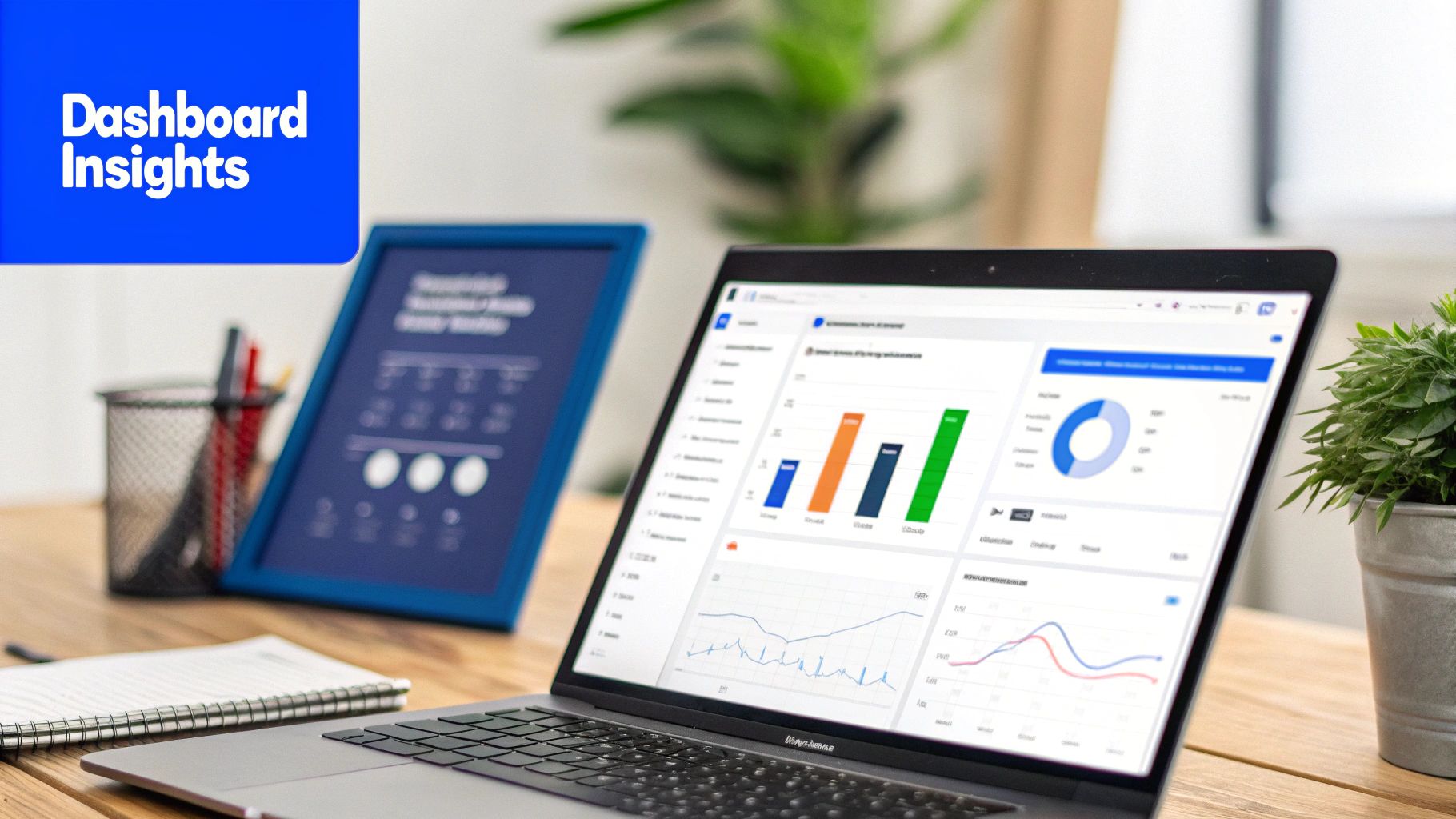 Business dashboard displaying colorful bar charts, pie graphs, and analytics data on laptop screen