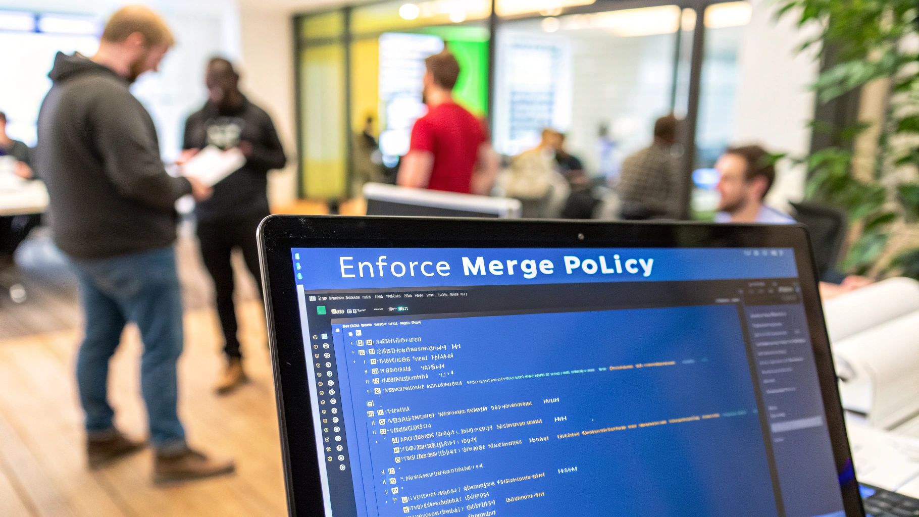 A laptop screen displaying 'Enforce Merge Policy' and code in a modern, bustling office environment.