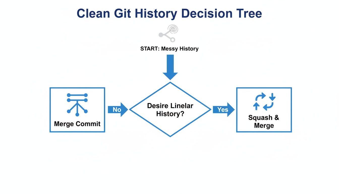 A Git history decision tree showing choices between merge commit and squash and merge.