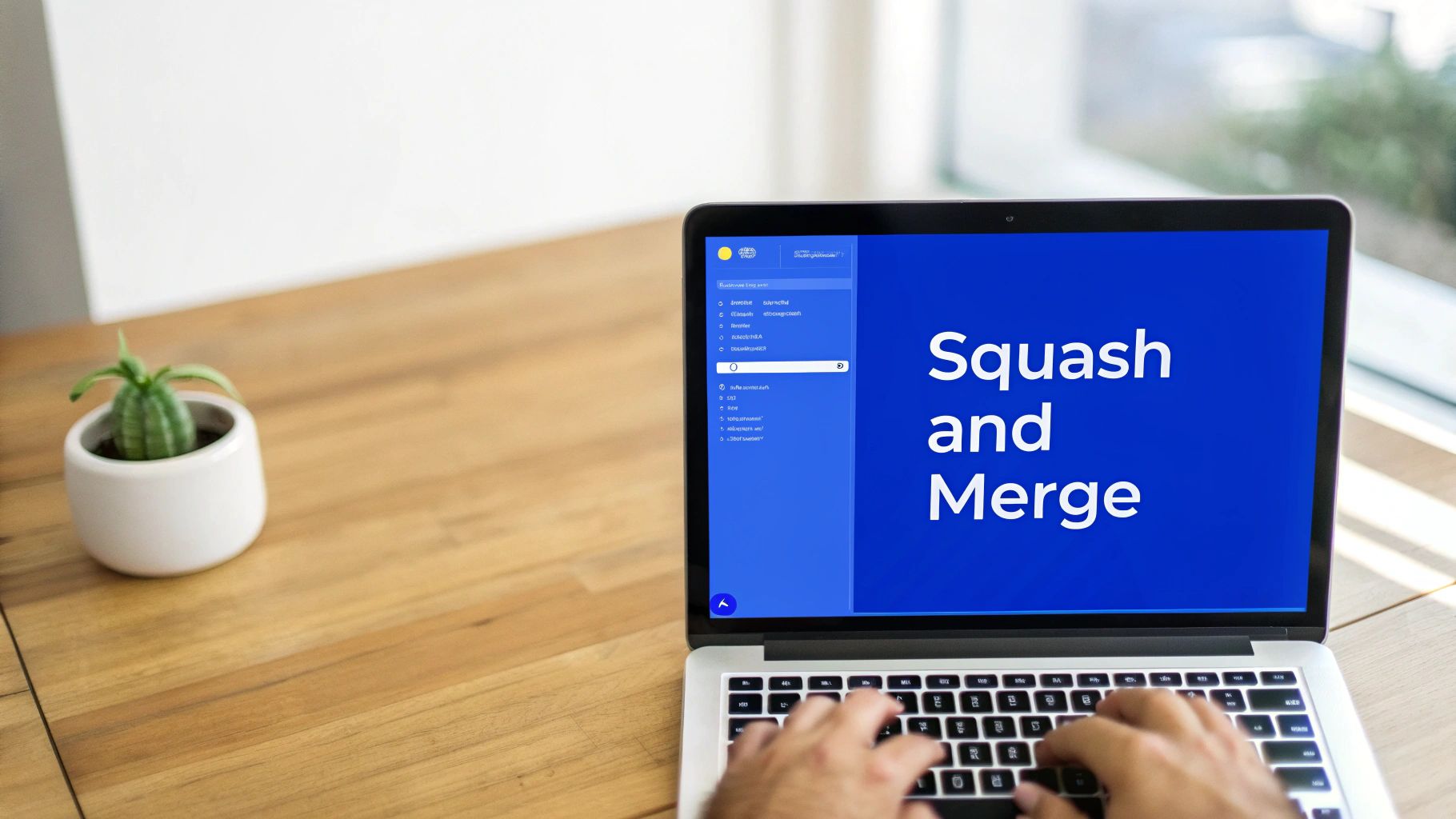 Person's hands typing on a laptop with 'Squash and Merge' text on screen, on a wooden desk.