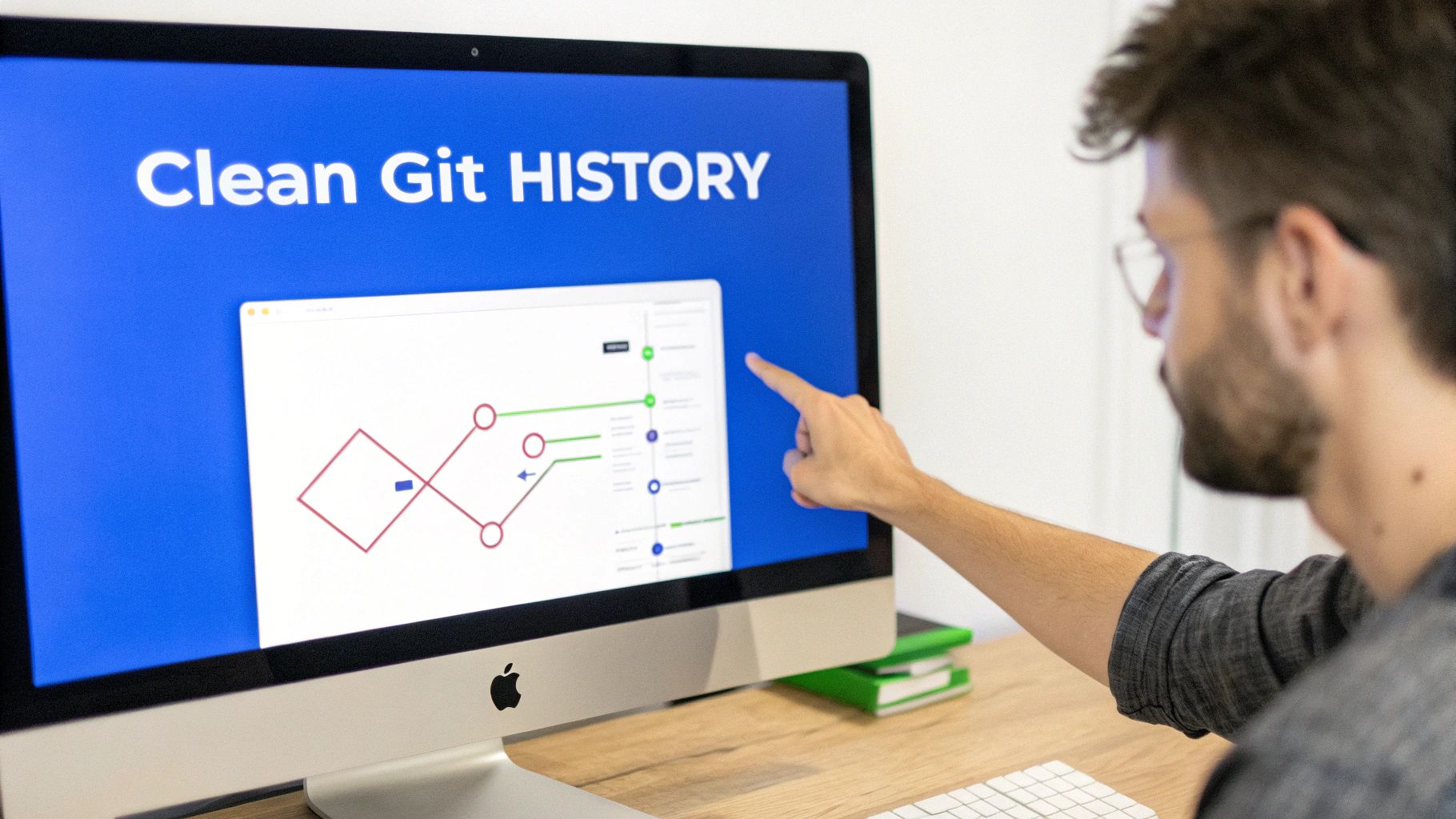 Man pointing at an Apple iMac screen displaying 'Clean Git HISTORY' and a Git workflow diagram.