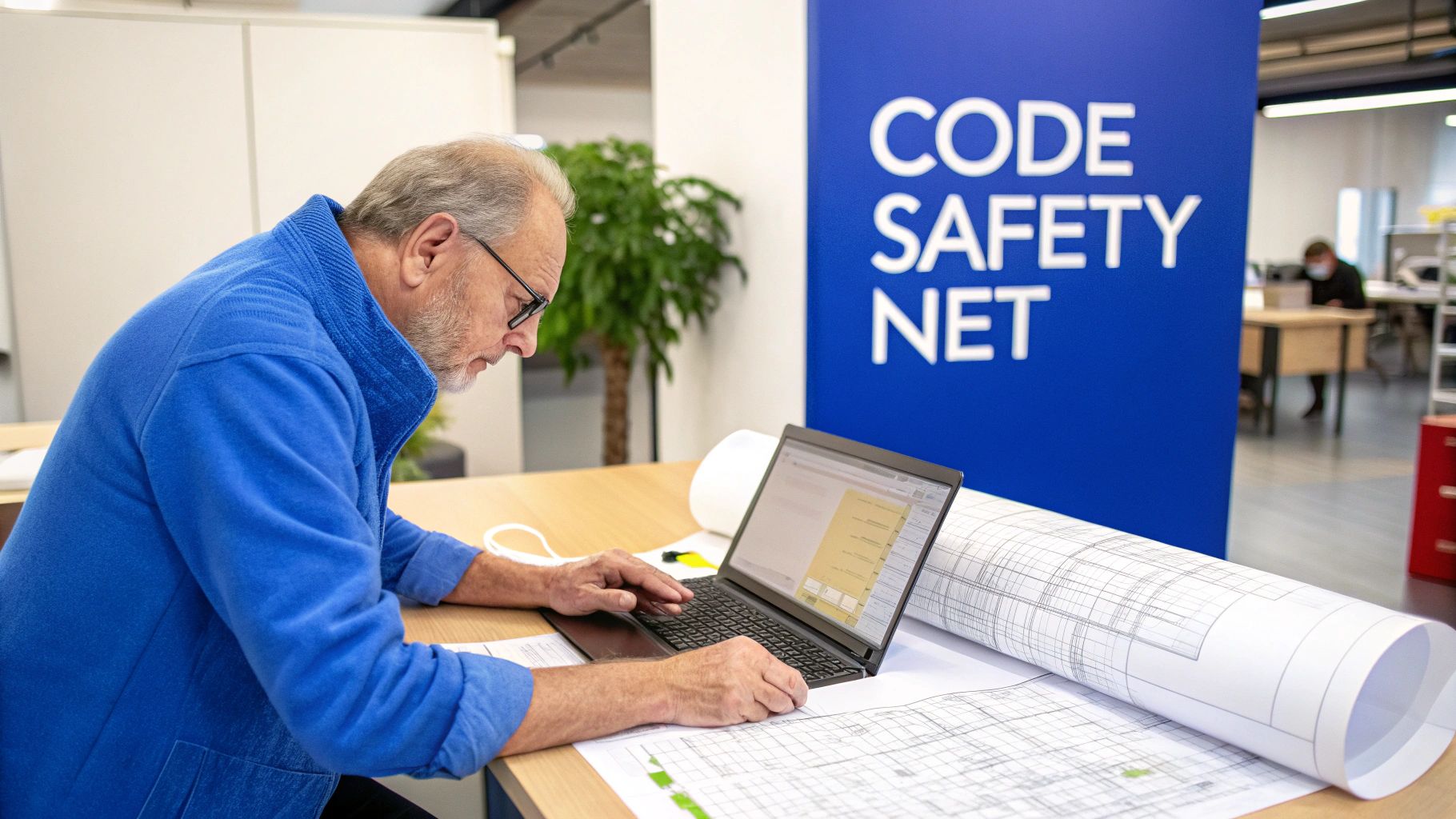 Man in blue sweater focused on laptop and blueprints, working at a desk in an office with 'CODE SAFETY NET' sign.