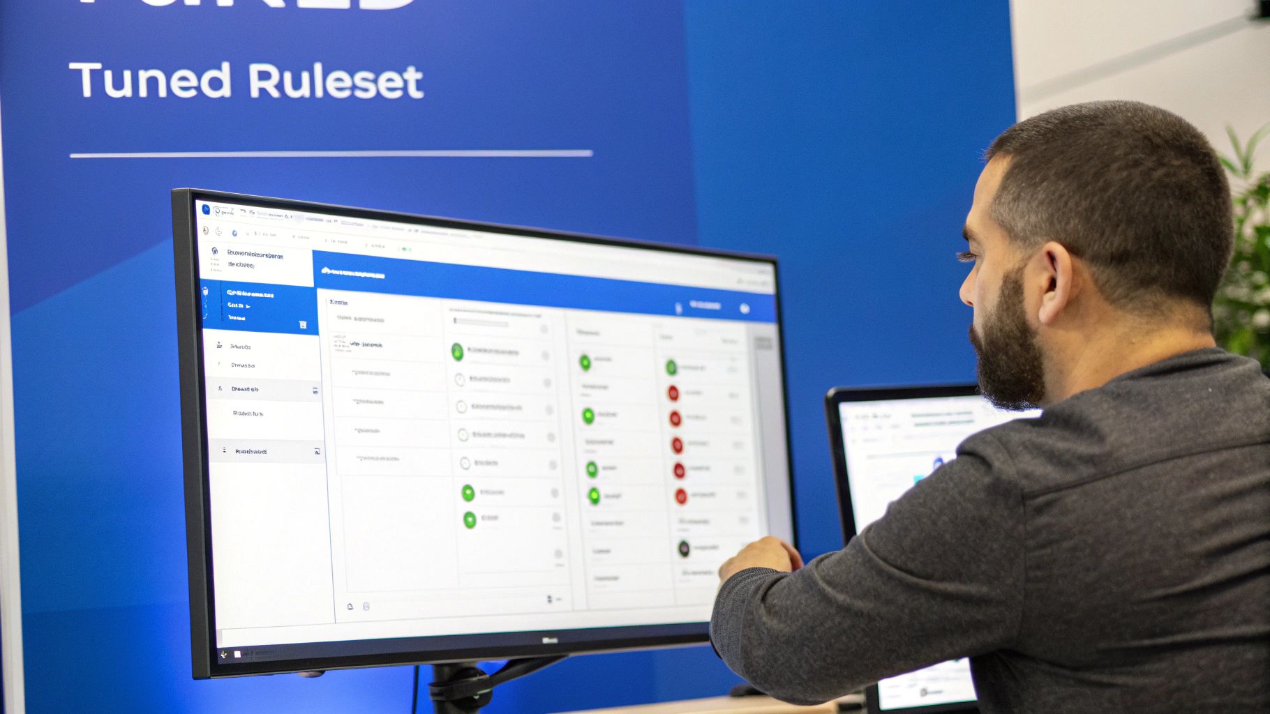 A man views a software dashboard on a large monitor, with 'Tuned Ruleset' text visible.