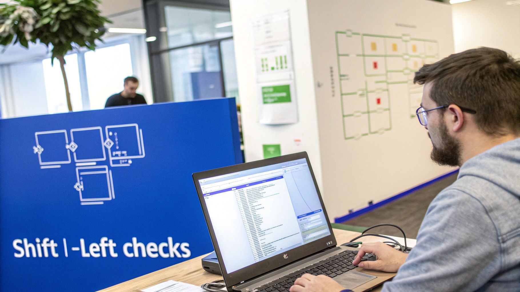 A bearded man in an office using a laptop, with "Shift |-Left checks" on a blue partition.
