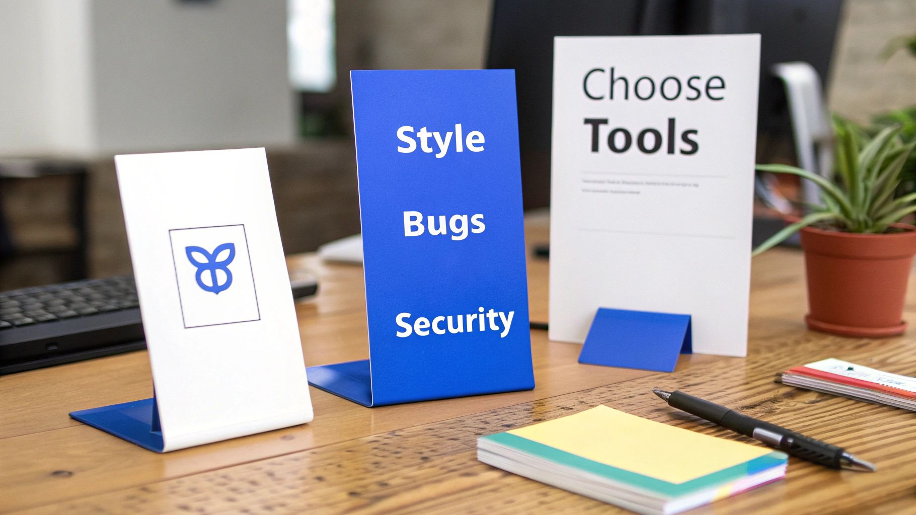 Three desk stands on a wooden table, one with a logo, others listing 'Style, Bugs, Security', and 'Choose Tools'.