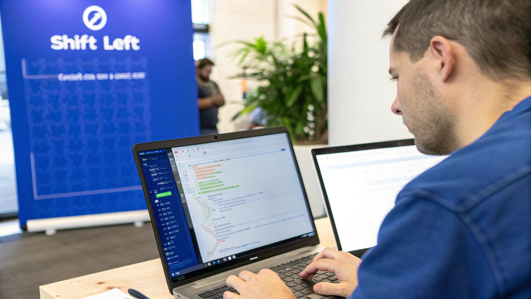 A man typing on a laptop with code on screen, and a 'Shift Left' banner in the background.