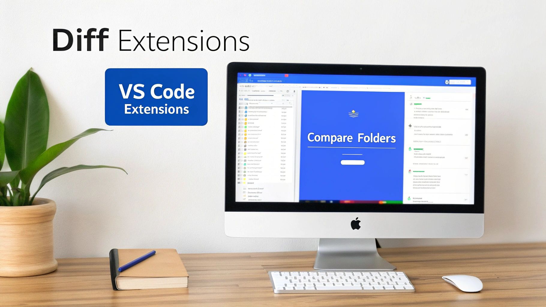 An iMac displaying 'Compare Folders' and file diff within VS Code, on a desk setup.