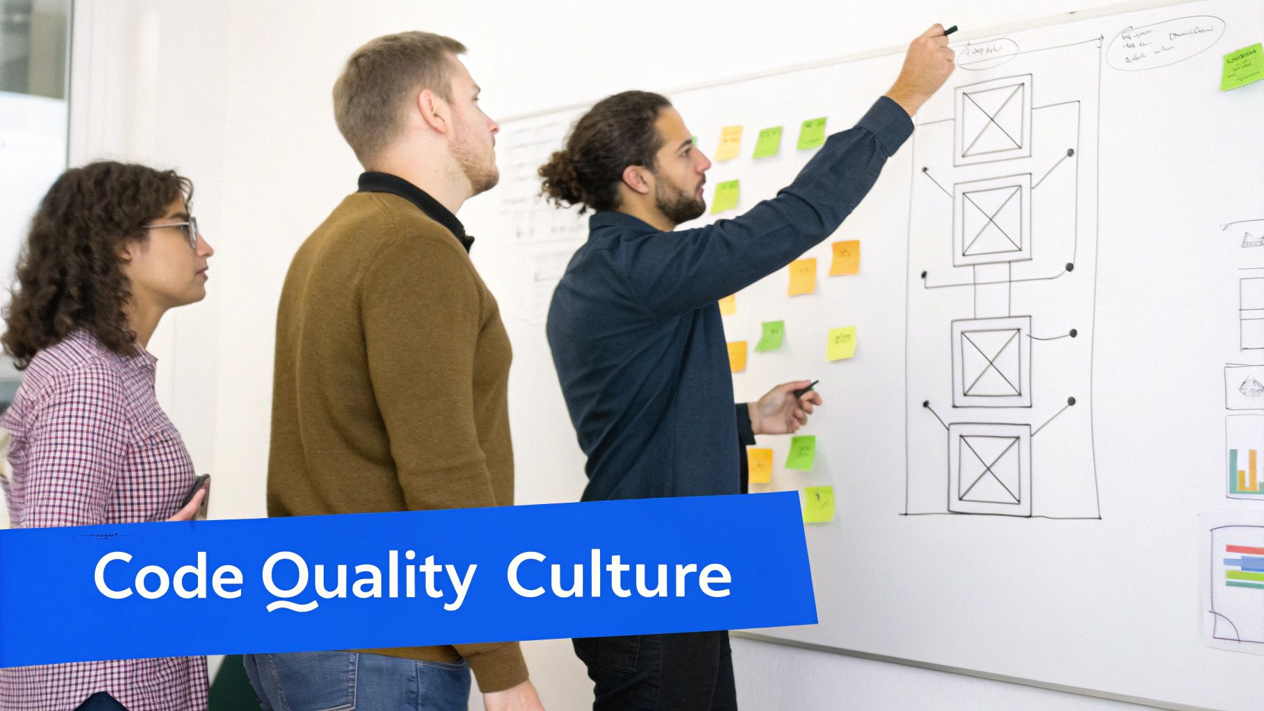 Three developers collaborate, one drawing diagrams on a whiteboard with sticky notes, others observe.