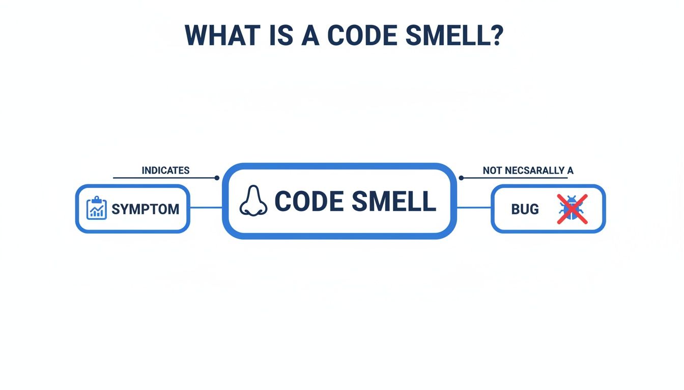 Flowchart explaining a code smell: a symptom indicates a code smell, which is not necessarily a bug.