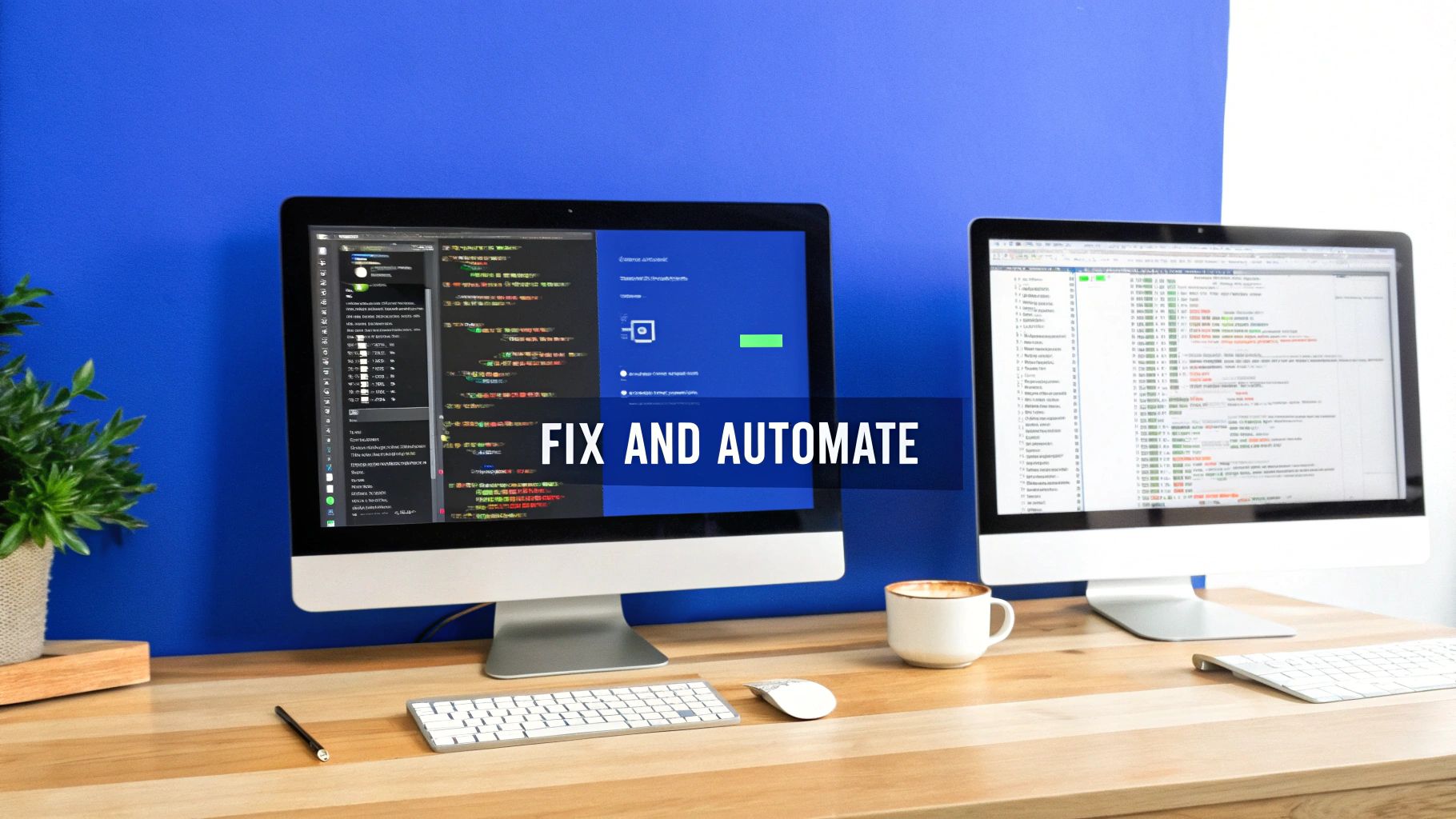 Two iMac computers on a wooden desk displaying code, with keyboards, mouse, and coffee, representing 'Fix and Automate'.