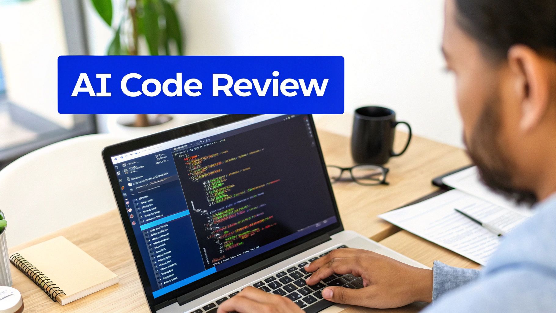 A developer reviews code on a laptop, with a banner saying 'AI Code Review'.