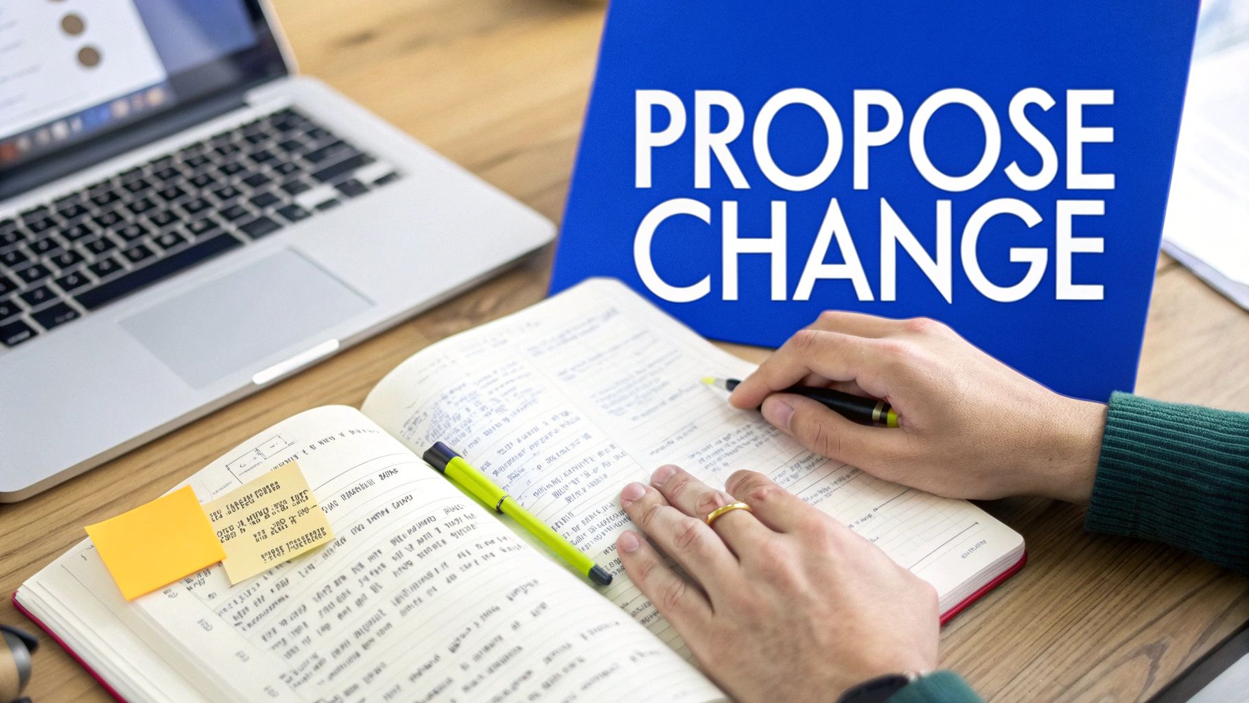 A person's hands writing notes in a notebook on a desk with a laptop and a 'PROPOSE CHANGE' sign.
