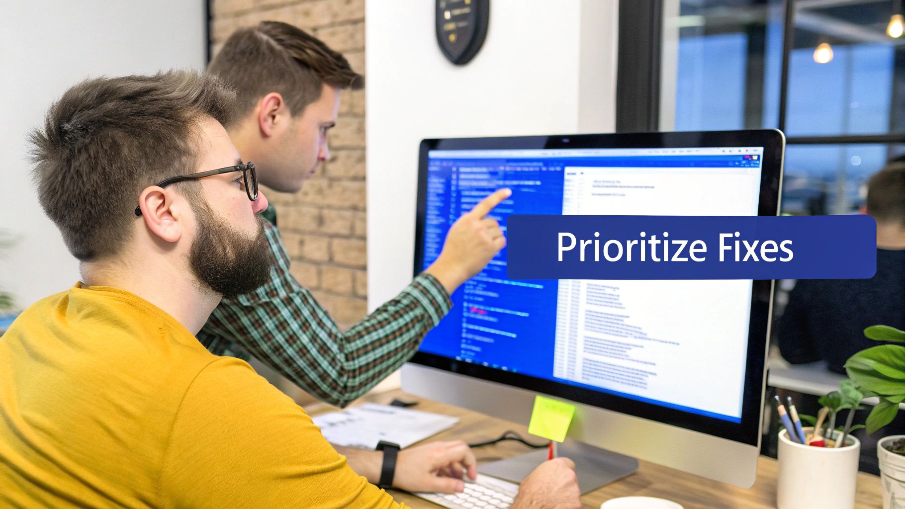 Two software developers collaborating on a computer screen showing code and a 'Prioritize Fixes' banner.