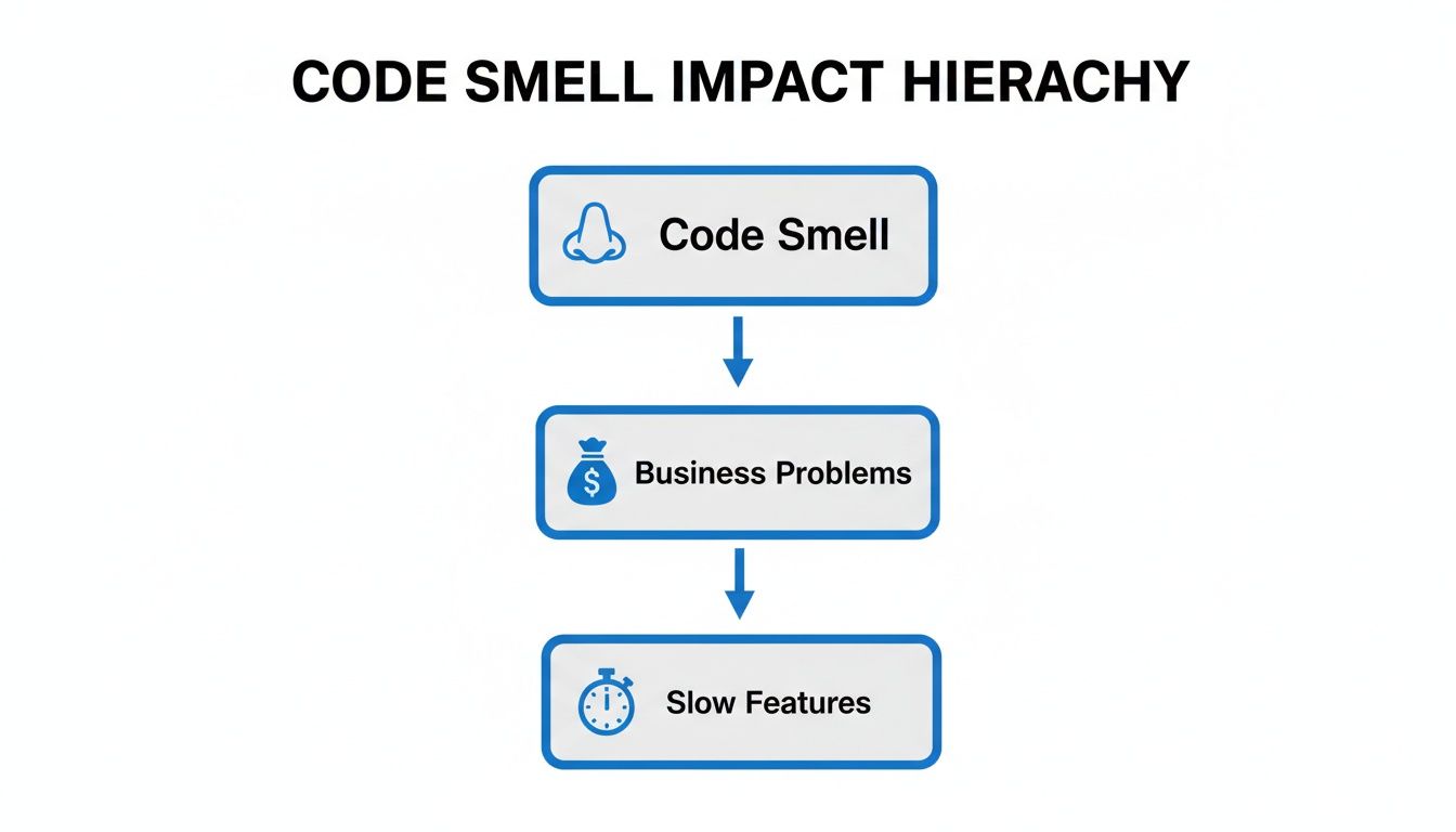 A flowchart illustrating the impact hierarchy of code smell leading to business problems and slow features.