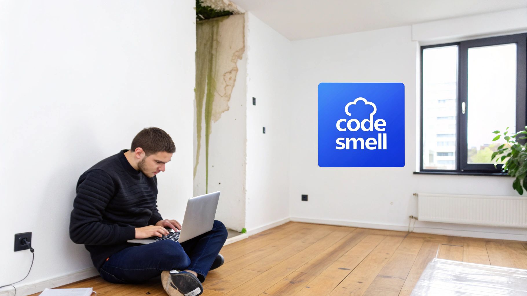 A man sits on a wooden floor, using a laptop, in a room with a 'code smell' logo on the wall.