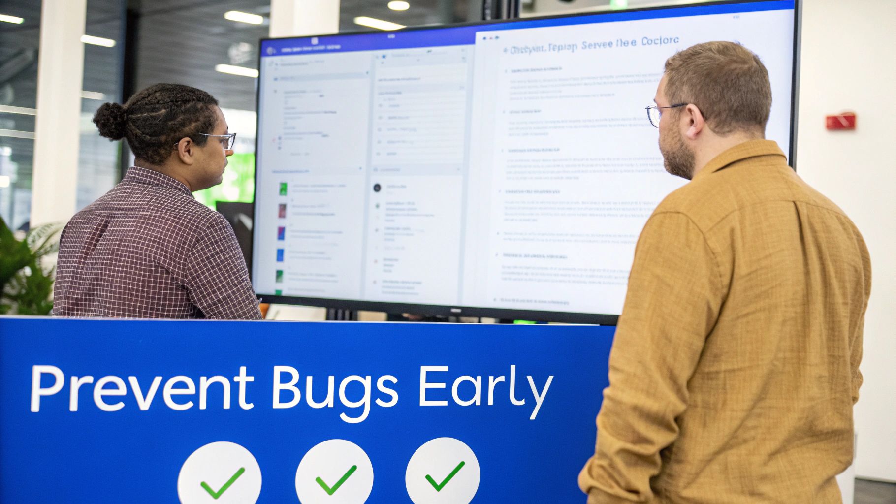 Two men viewing a large screen with code, next to a sign about preventing bugs early.