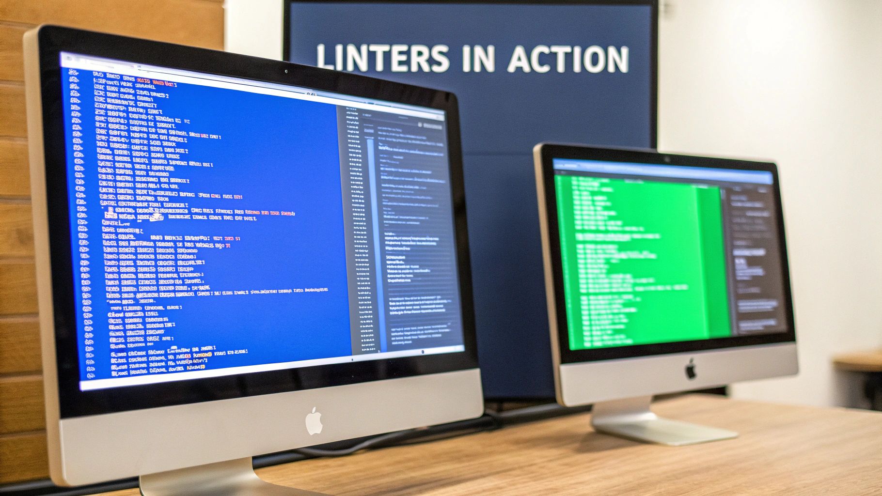 Two Apple iMac computers displaying code on a desk, with a 'Linters in Action' sign behind them.