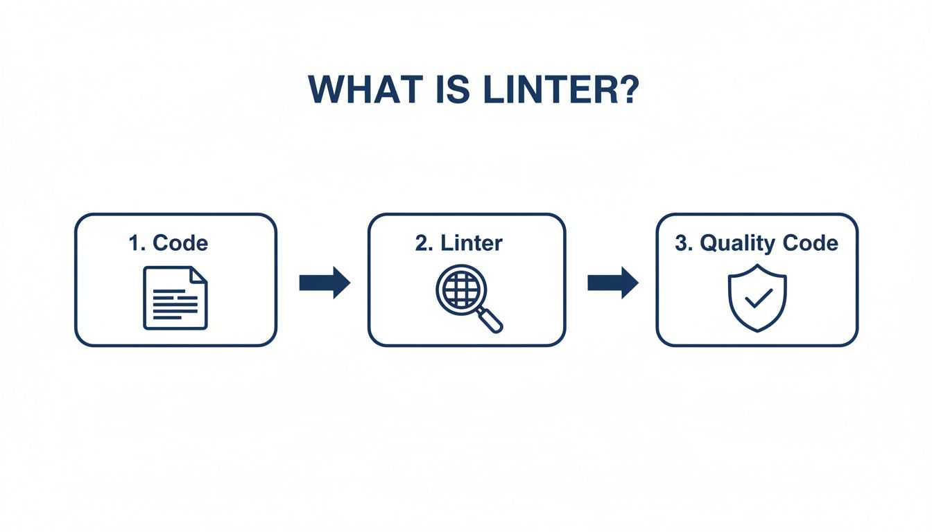 Flowchart explaining the linter process: code input, linter scanning, resulting in quality code.
