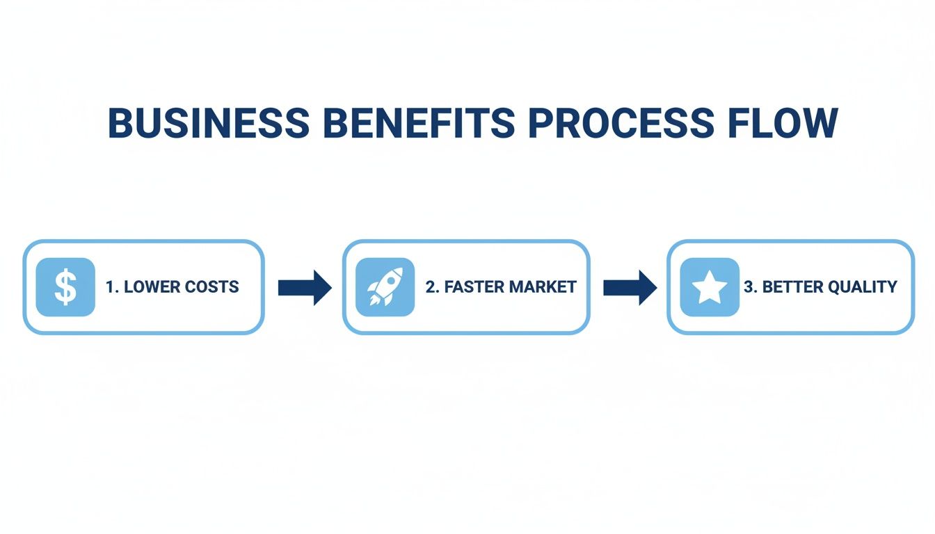 A business benefits process flow chart illustrating lower costs, faster market entry, and better quality.