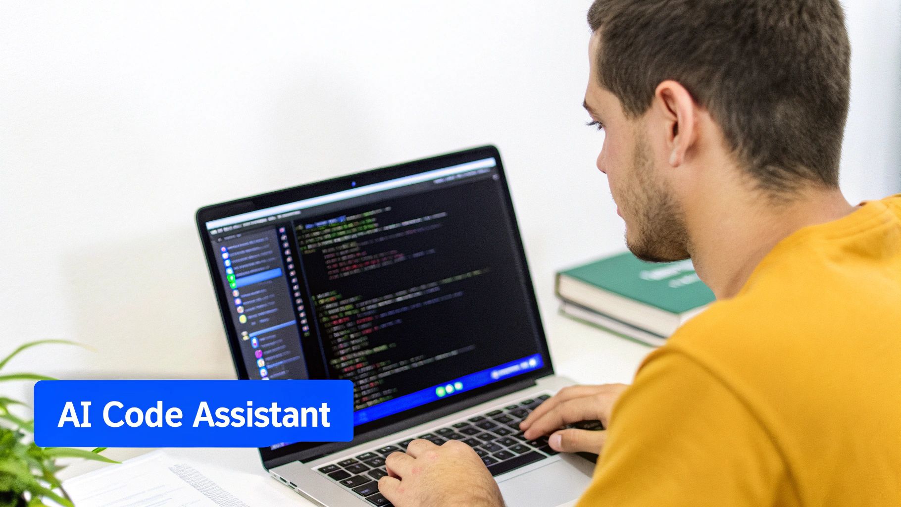 A man codes on a laptop with an AI code assistant, showing a modern development workflow.