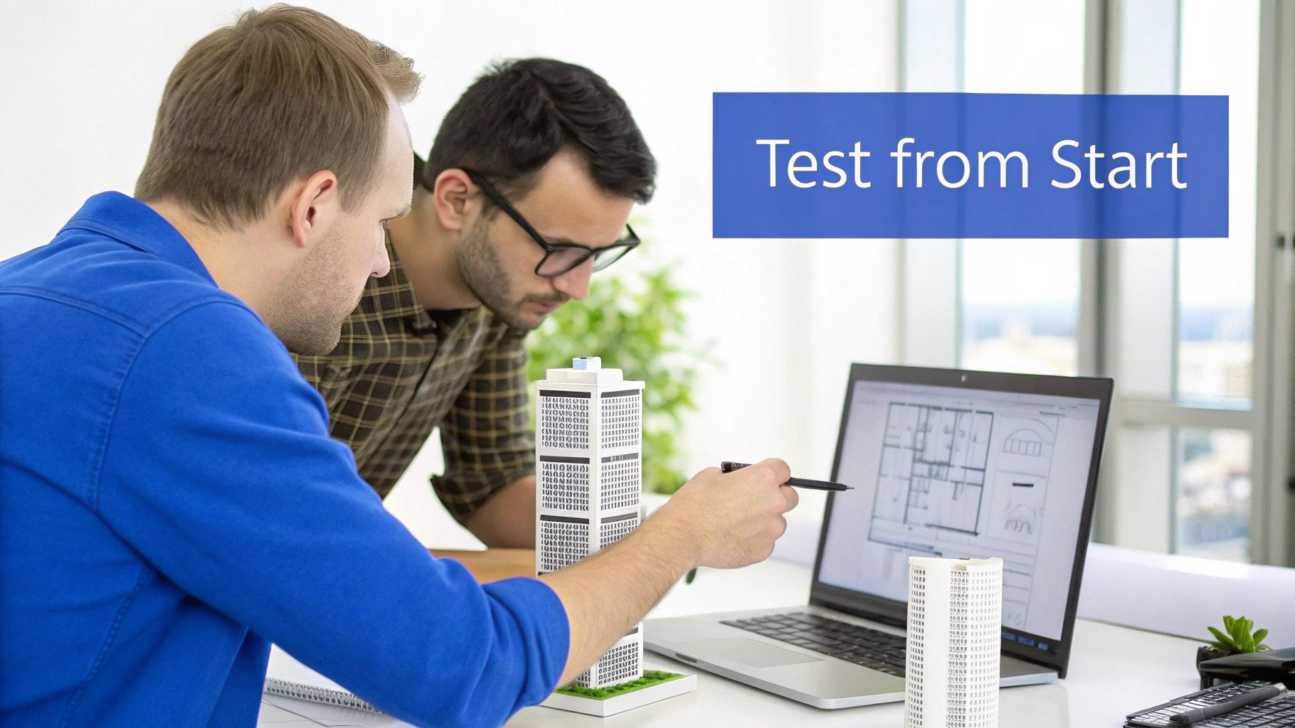 Two architects analyze building plans on a laptop with models, demonstrating early design testing.